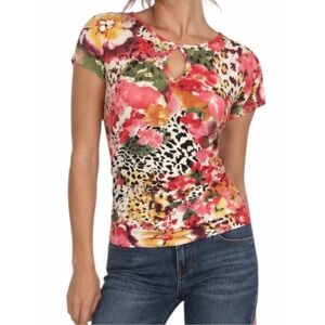 Floral Leopard Mixed Print Keyhole Top